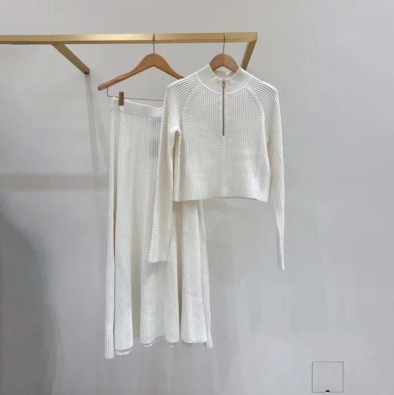 2025 feminino elegante terno de duas peças com zíper em torno do pescoço manga comprida cardigan ou saia midi