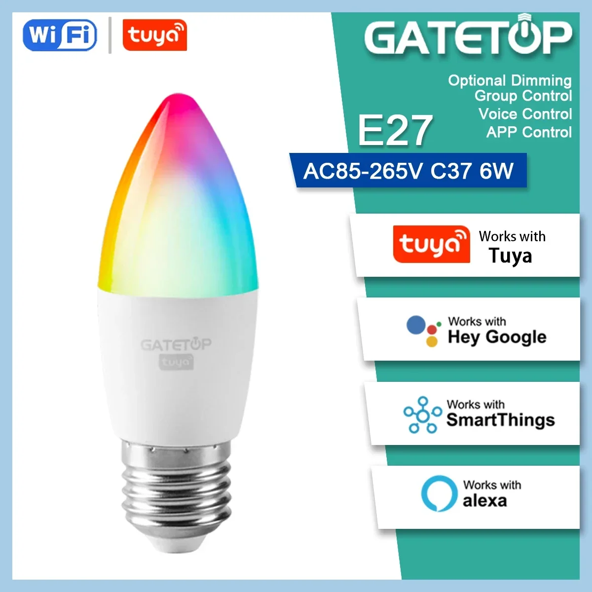 

Bombilla inteligente Tuya Wifi/Bluetooth,Led Alexa RGB，C37 E27 Bulb ,para Google Assisatnt Smart Life Light Dimmable 6W 85V-265V