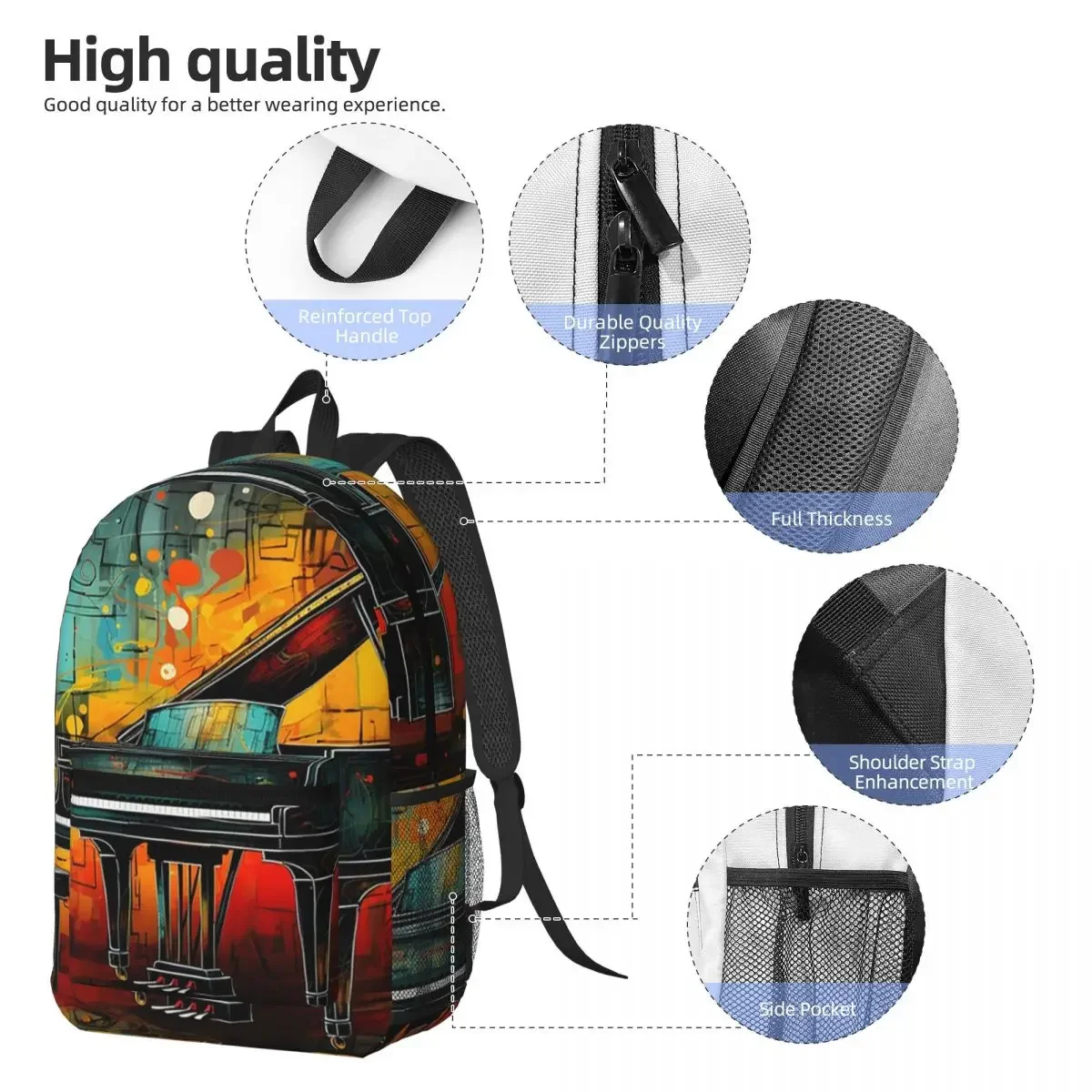 Colorful Piano Graffiti Theme Backpack Student BookBag Children School Bag Laptop Shoulder Bags for Men Women