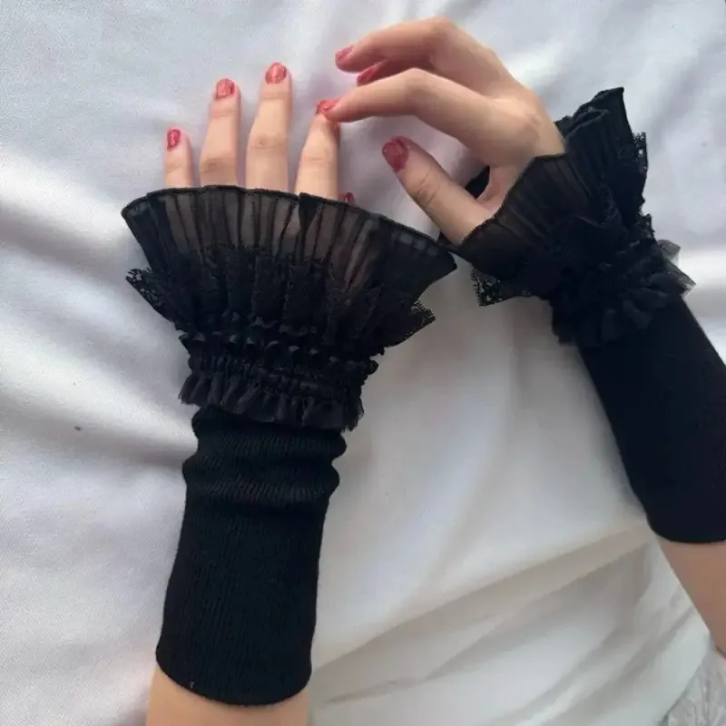 

Женский свитер с искусственными рукавами, вязаные крючком, цветочные кружевные манжеты с рогами, вышивка, оборки, эластичные грелки на запястья, ложные манжеты в стиле Лолиты