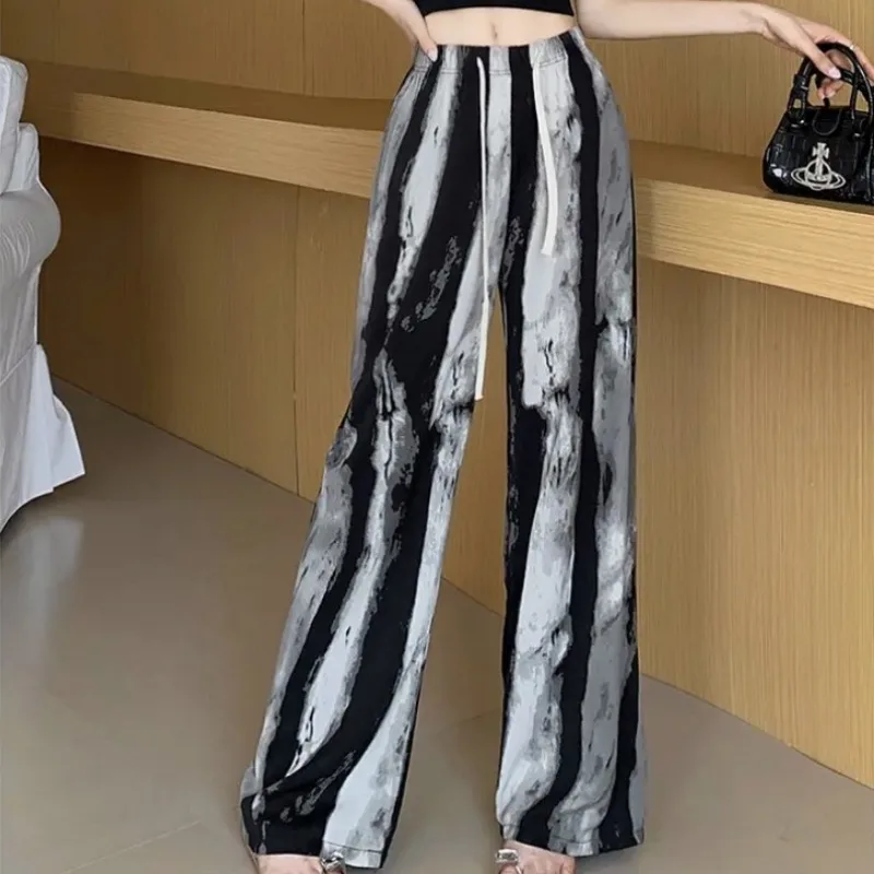 

Retro Summer Women Ice Silk Loose Wide Leg Pants Fashion Personality High Waist Casual Pants Ink Tie Dyed Floor Dragging Pants