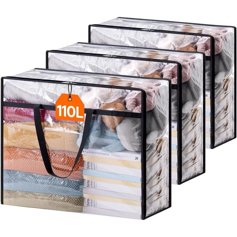 

110L Large Clear Clothes Storage Bags, 3 Pack Plastic Vinyl Foldable Moving Bags with Zipper, Closet Organizers and Storage Cont