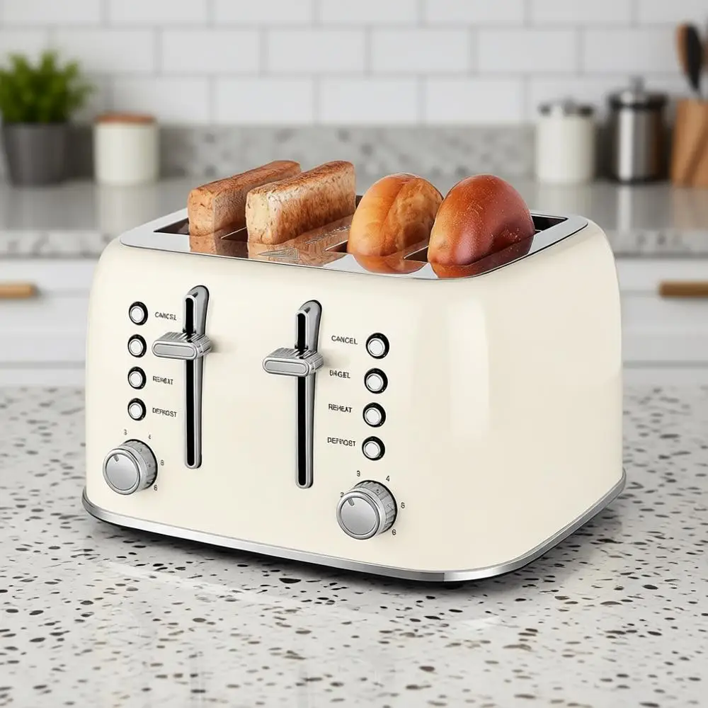 

4 Slice Retro Stainless Steel Toaster with Extra Wide Slots, Bagel, Reheat Function, Dual Independent Control Panel, Removable C