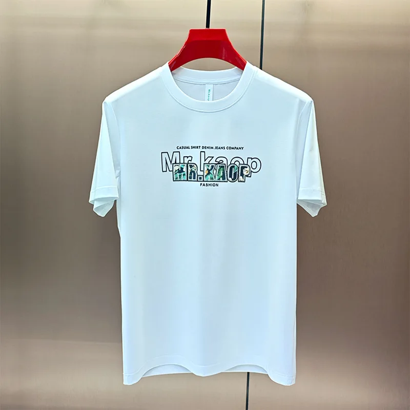 

2026 Summer New Men Crew Neck Short Sleeve T Shirt Letter High Frequency Three Dimensional Craft Slim Fit Casual Male Streetwear