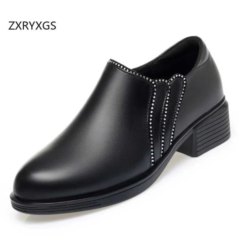 ZXRYXGS Elegant Comfortable Women's Genuine Leather Shoes Thick Mid Heels 2024 New Autumn Large Size Driving Travel Trend Shoes