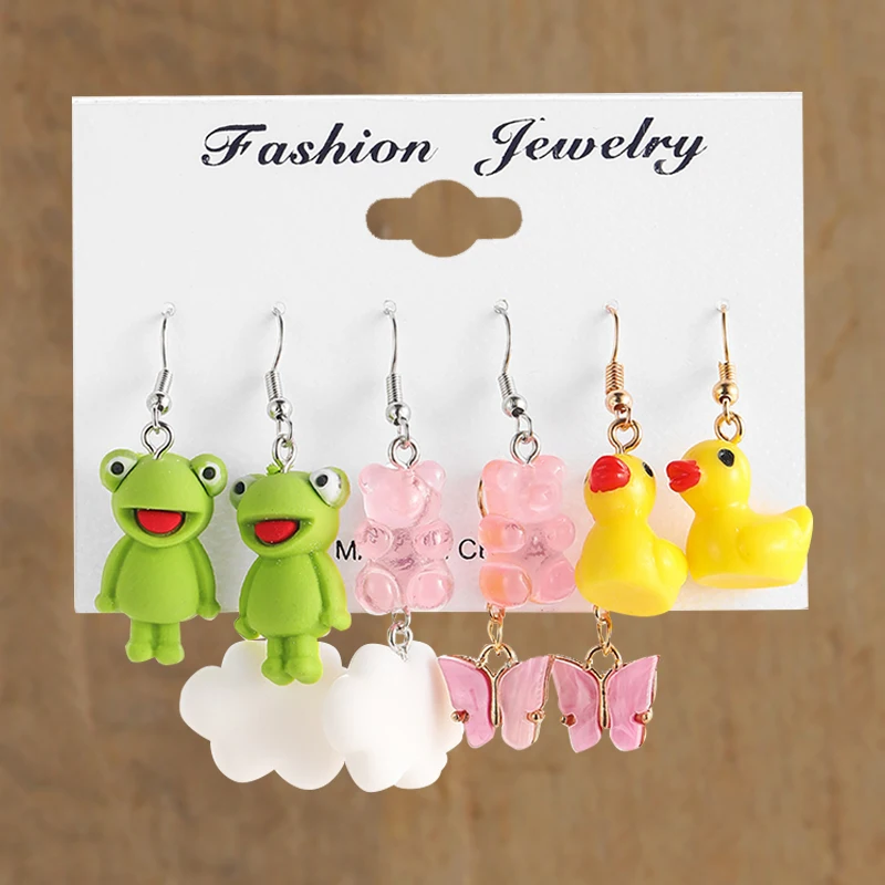 10 Pairs Cartoon Duck Dangle Earrings Set Cute Butterfly Heart Mushroom Animal Drop Earrings for Women Trendy Girl Kids Jewelry