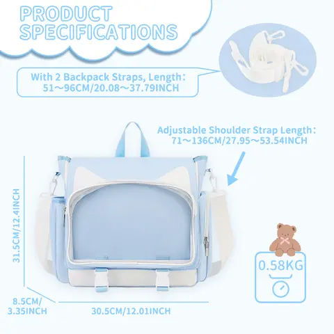 TINYAT Y2K Ita Bag Mädchen Schulrucksack Wasserdicht Transparent Umhängetasche Damen Umhängetasche DlY Display Niedliche Katzenohr