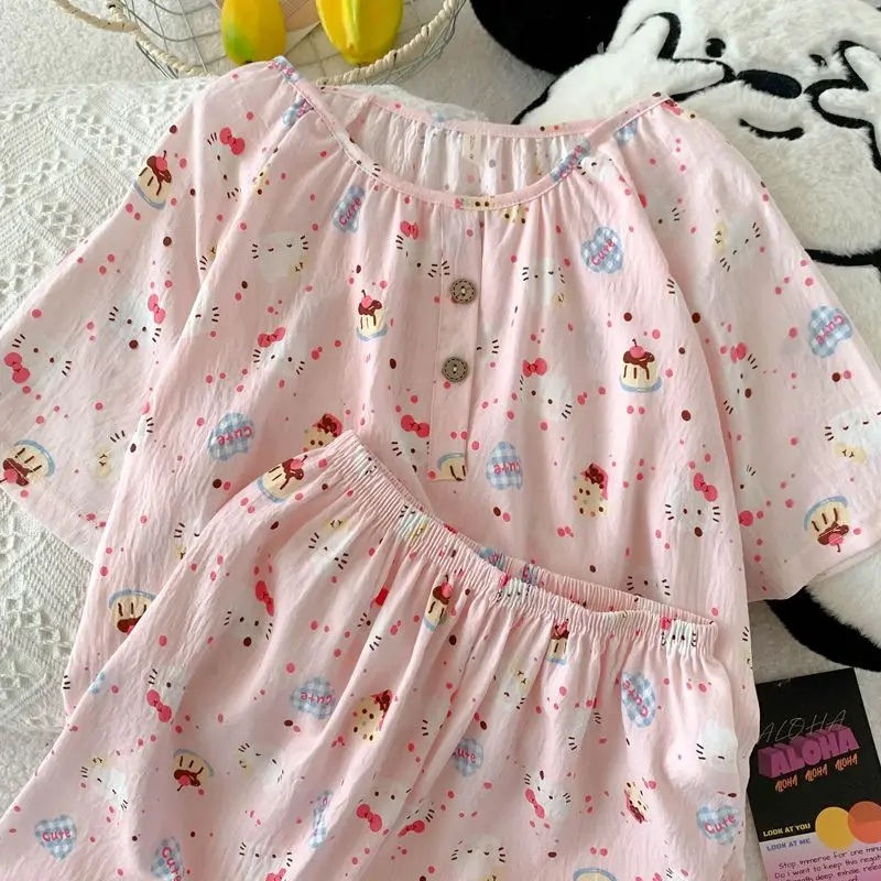 

Пижамы Sanrio Hello Kittys, модная повседневная домашняя милая футболка с героями мультфильмов, шорты, женская домашняя одежда из двух предметов с круглым вырезом, Kawaii