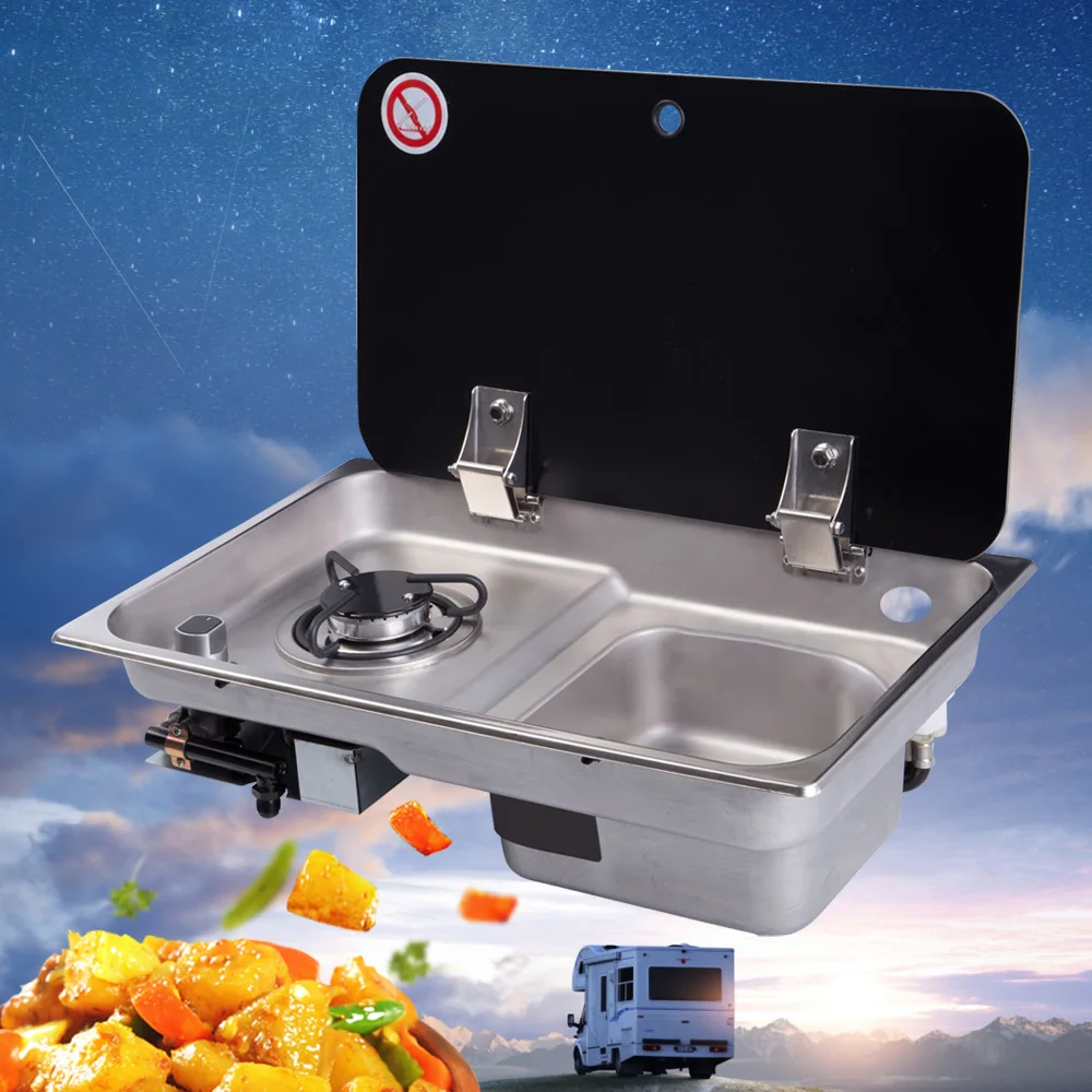 Boat Caravan RV Camper 1 Burner Gas Stove Hob and Sink Combo with Glass Lid GR-903 Black and Silvery