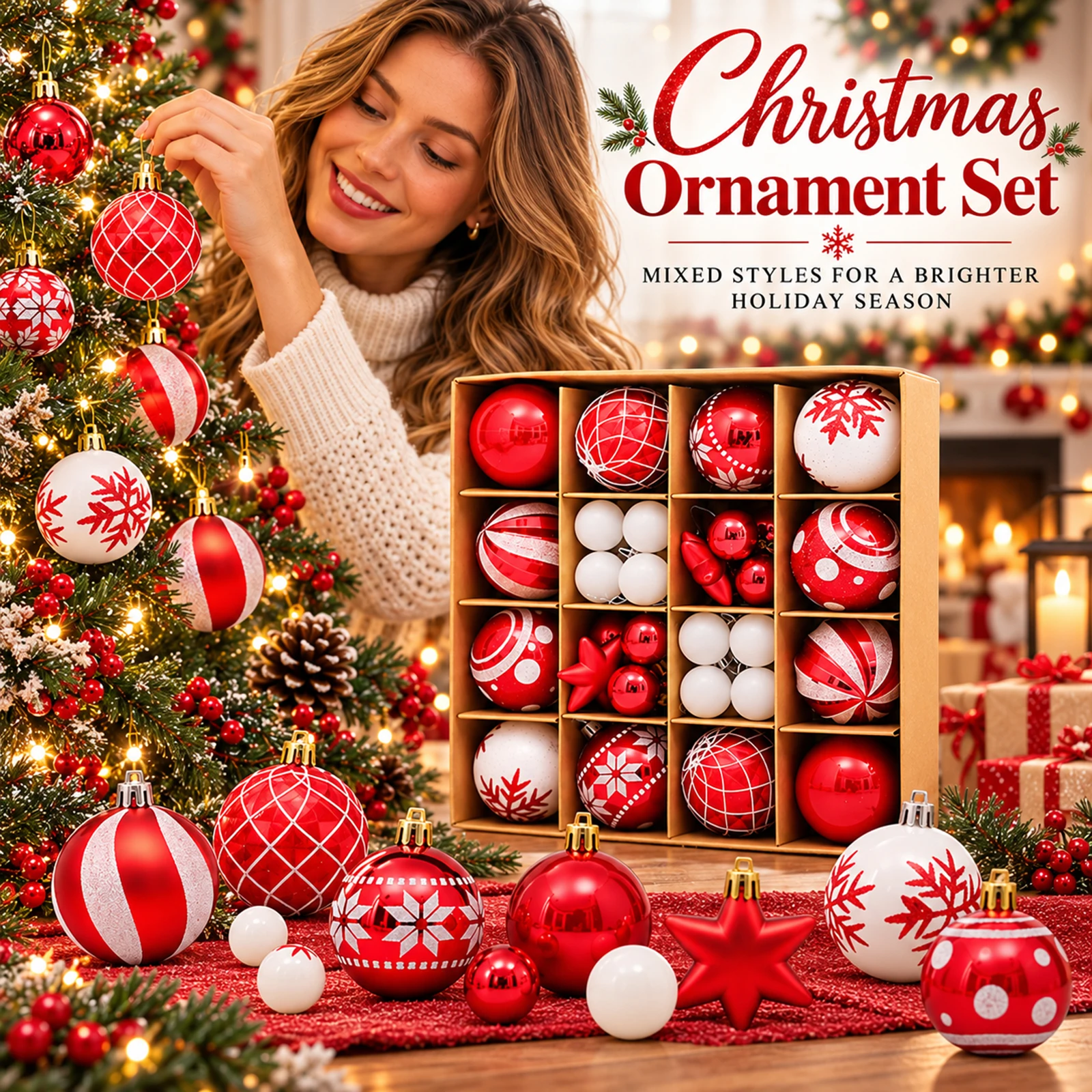 42 Pcs Christmas Ball Ornaments Set Red White 6cm Shatterproof Plastic Xmas Tree Baubles Hanging Decor for Holiday Party Home Garden Navidad