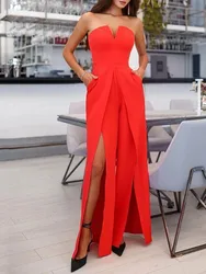 Mono acampanado de Color sólido para mujer, Top de tubo delgado, Sexy, cuello en V, Espalda descubierta, empalme, ropa de temperamento