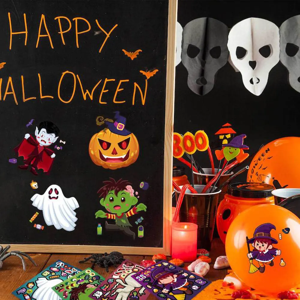 Buat wajah stiker Halloween permainan Puzzle anak buat hantu penyihir DIY merakit Jigsaw mainan pesta anak-anak