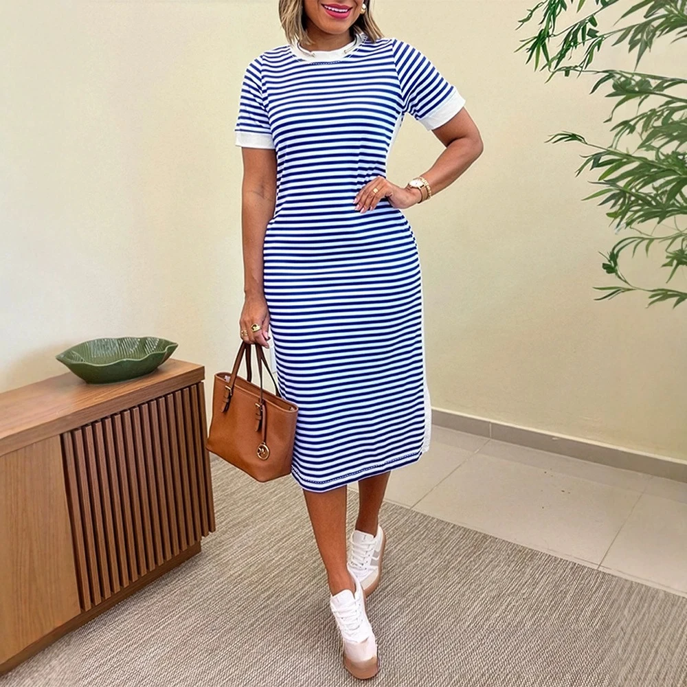 Mid Length Dress Women Dresses Round Neck A Line Vestidos Short Sleeve Elegant Tight Waist Y2k Streetwear Work Striped Summer