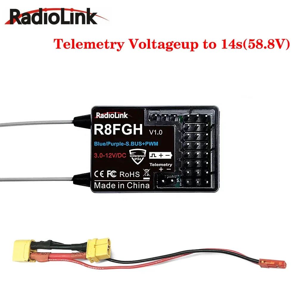 

Radiolink R8FGH Gyro Receiver 2.4G 8 Channels Telemetry Vehicle Voltage Up to 14S 58.8V for RC Car Boat Mower Machine Robot