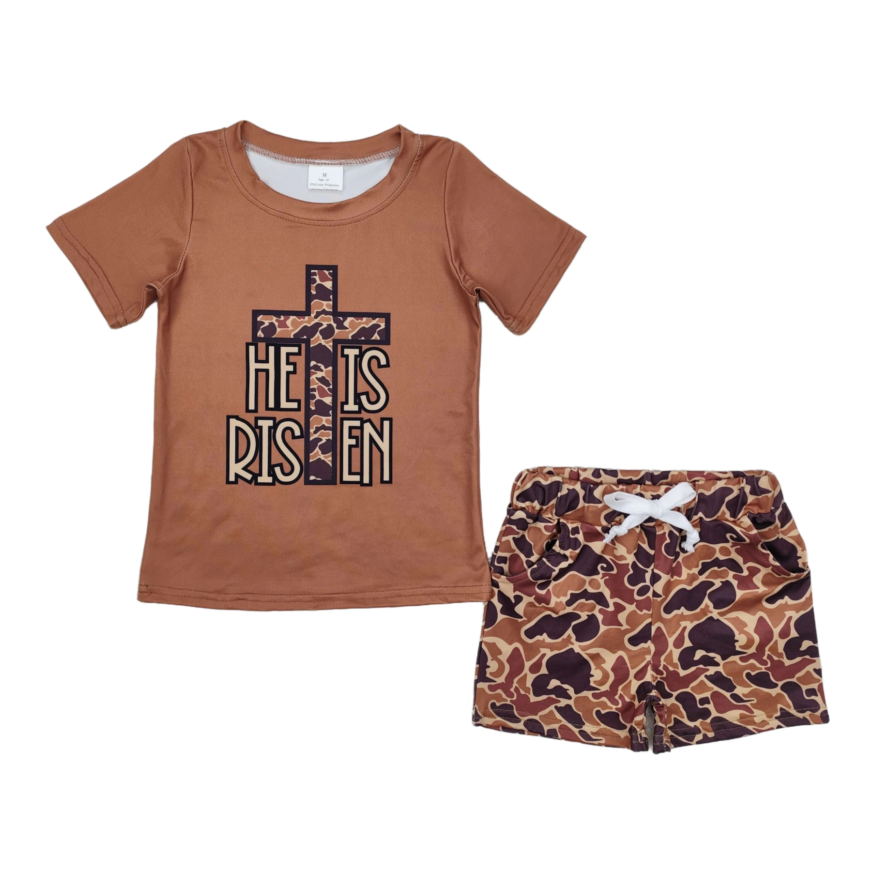 Wholesale New Kids Easter Set Toddler Baby Boy Short Sleeves Cross Cotton Shirt Tee Brown Camo Pocket Shorts Children Outfit