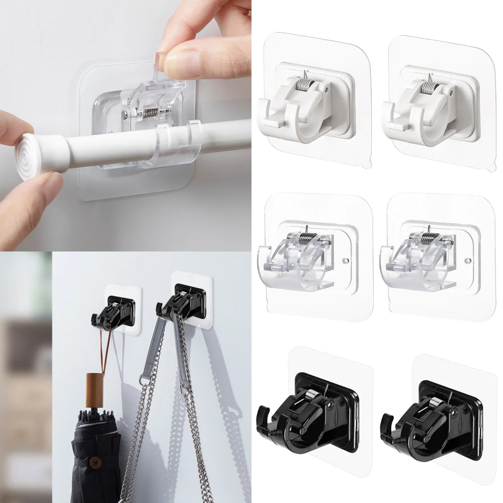 2PCS No Drill Curtain Rod Brackets Moisture-Proof Adhesive Curtain Rod Holders Curtain Rod Hooks Adjustable for Bathroom Kitchen