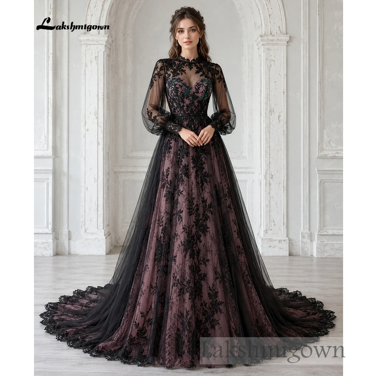 Lakshmigown Hochgeschlossenes Gothic-Hochzeitskleid mit langen Puffärmeln, schwarzen Spitzenapplikationen, staubrosa Fütterung, A-Linien-Brautkleid, nach Maß gefertigt – Detail 5