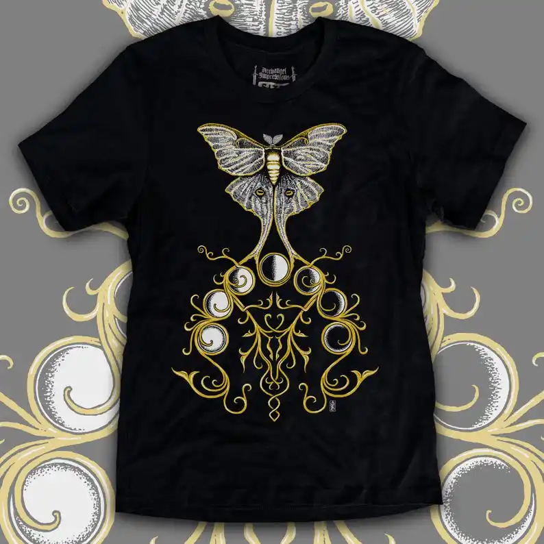 Luna Moth graphic tee, Gold entwined Moon phases, Lunar Victorian style design mens unisex Bella+Canvas black cotton T shirt