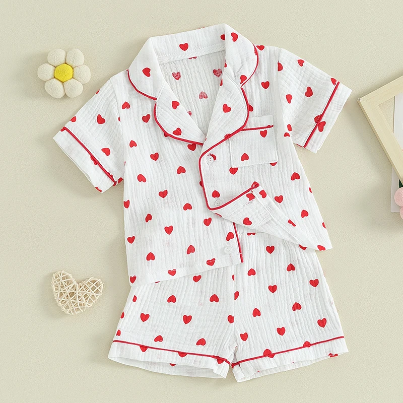 Toddler Baby Girl Valentine s Day Pajamas Set Heart Button Down Short Sleeve Sleepwear Loungewear 2 Piece Pjs Set