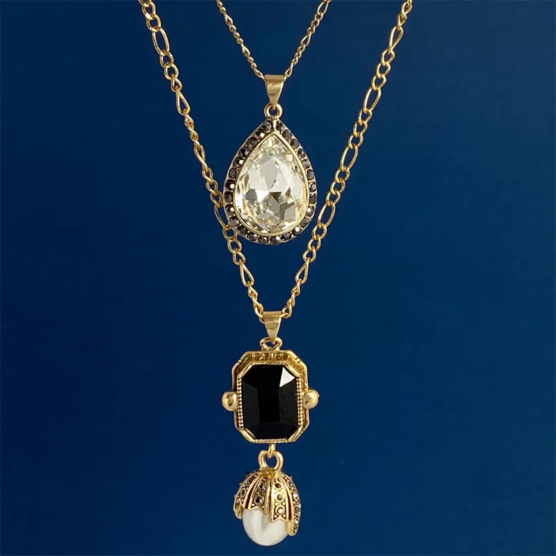 

Fashion New Sweater Chain Accessories Water Drop White Diamond Black Diamond Pearl Double Layer Stacked Necklace for Women