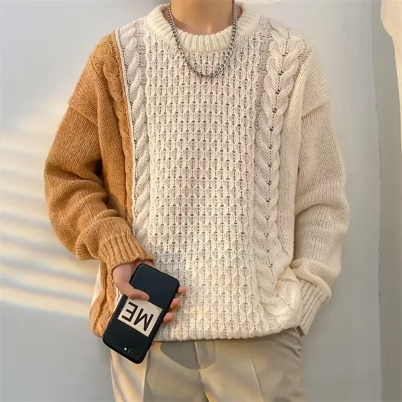 

Patchwork Sweaters Men Chic Autumn Cozy All-match Ulzzang Retro Loose Fashion Daily Harajuku Gothic Streetwear Knitting Clothes