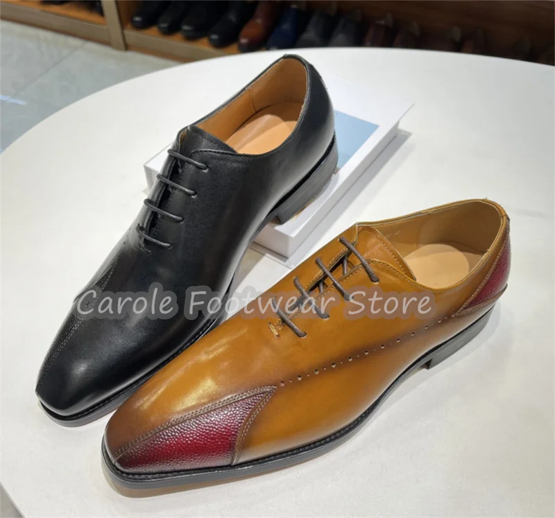 Handmade Genuine Leather Embroidery Loafers for Men Rivet Decor Metal Square Toe Chunky Heel Derby Shoes Male Dress Shoes