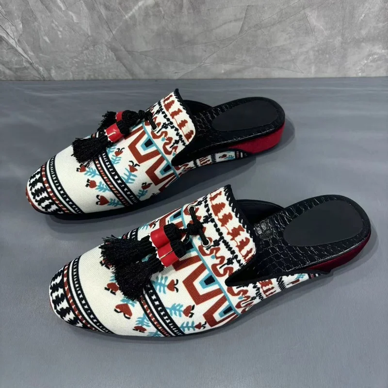 Italy Fashion Summer Canvas Shoes Printed Shoes Men Tassel Loafers Luxury Slip On Flats Casual Shoes Mens Mule Slippers