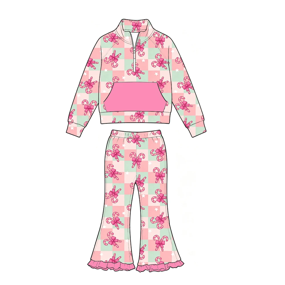 Custom Girls Christmas Zip Tracksuit Santa Gingerbread House Reindeer Bow Heart Pullover Ruffle Bell Bottom Pants Outfit