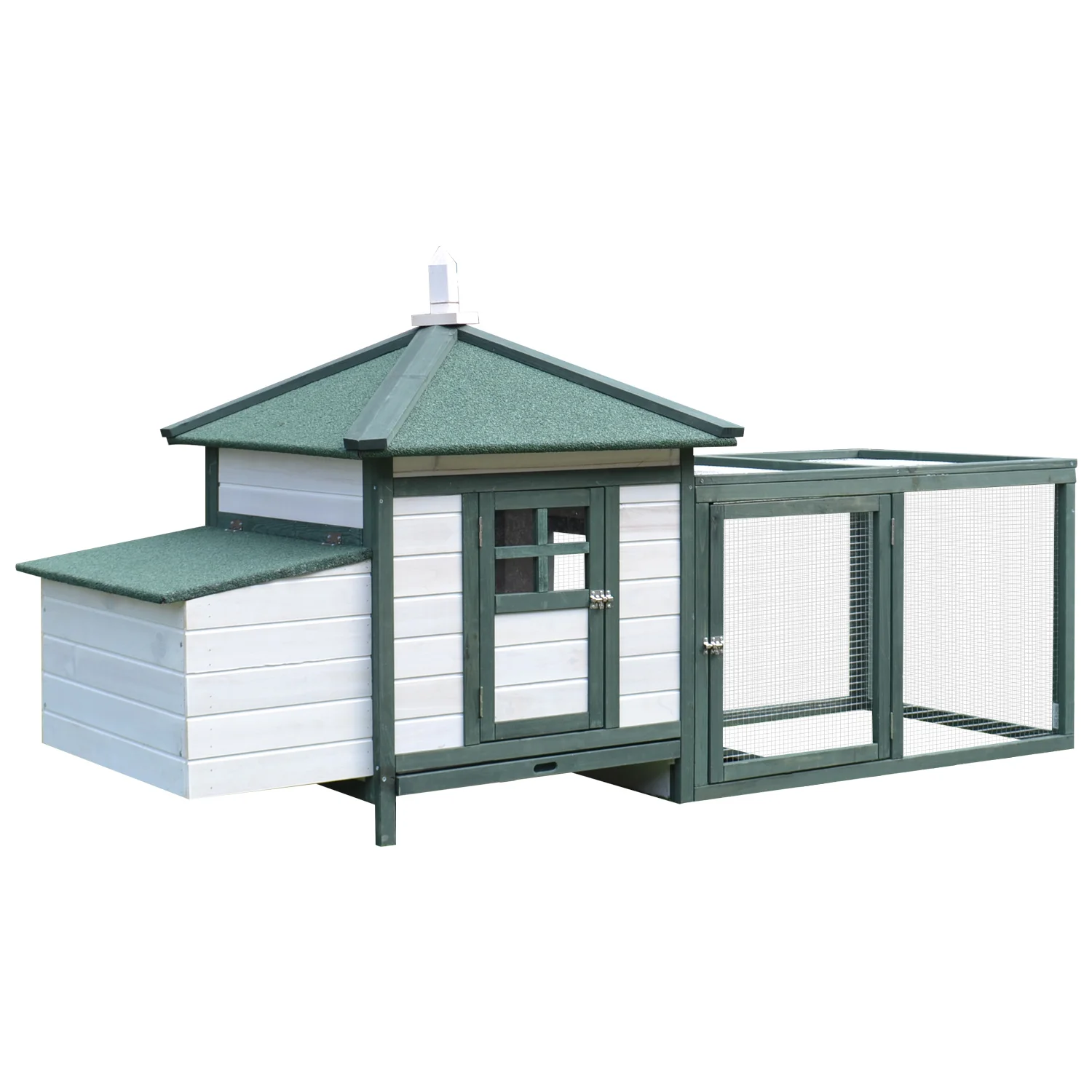 PawHut kippenhok met meerdere functies, zitstok, klimrek, kruiprek, lade, ren, 16L x 76L x 97H cm, stevige drinkbak, wit groen - afbeelding 2
