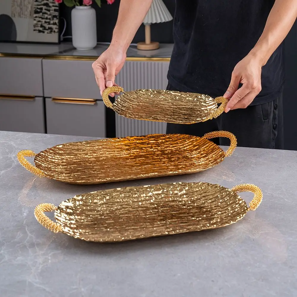 

Desktop Ornament Metal Storage Tray Creative Exquisite Fruit Tray Portable Long Pastry Display Plate Household