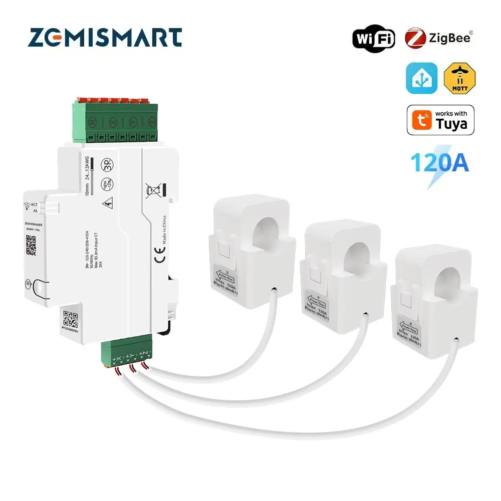 

Zemismart 120A Zigbee WiFi Din-rail Energy Meter 3 Phase Power Monitor Work with Tuya Withdrawable Split-core CTs 120V 240V