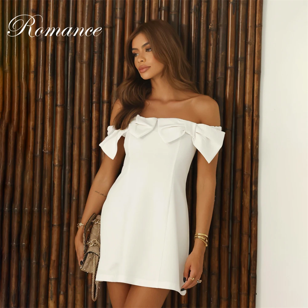 Semplice abito da sposa corto a trapezio con fiocchi al largo della spalla aperto sul retro sopra il ginocchio abito da sposa senza spalline abiti da sposa personalizzato