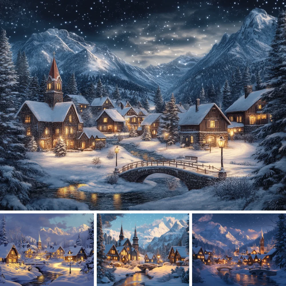 Winter Night Alpine Snow Town Backdrop Church River Stone Bridge Pine Tree Fabric For Xmas Family Studio Portrait Photo Prop