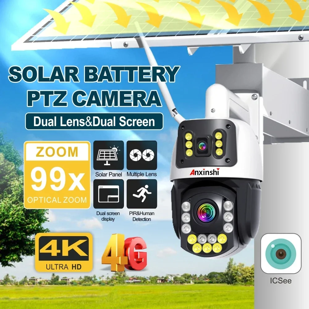 Anxinshi 99xzoom Ptz cámara Solar 4G 4K 60W Panel Solar 365 días de trabajo IR200 medidor cámara CCTV de doble lente