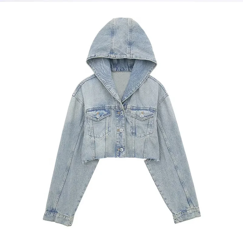 

Summer Women's Denim Short Jacket Coat 2024 New Casual Single-Breasted Long-Sleeved Classic Retro Hooded Outwear Tops