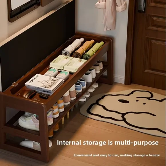 Age-Friendly Solid Wood Shoe Bench with Cushion 2 Tier Storage for Entryway Hallway Living Room Elderly
