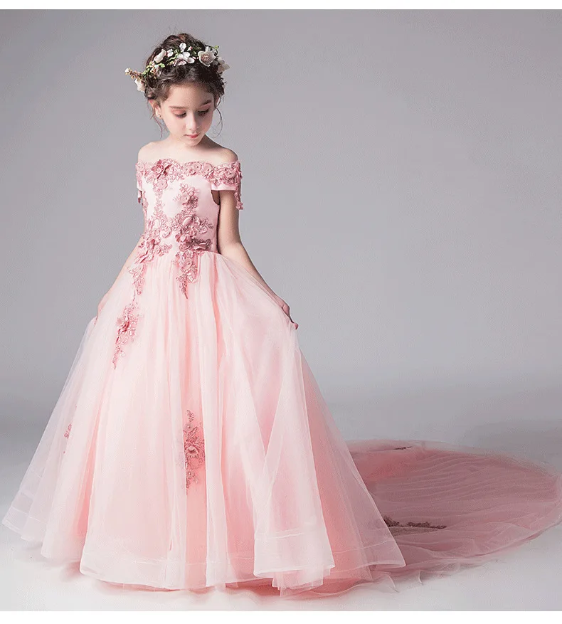 Flower Girl Bead Decoration Long Dress New Girl Wedding Party Exchange Dress Ball Beauty Sexy Shoulder DressCommunion