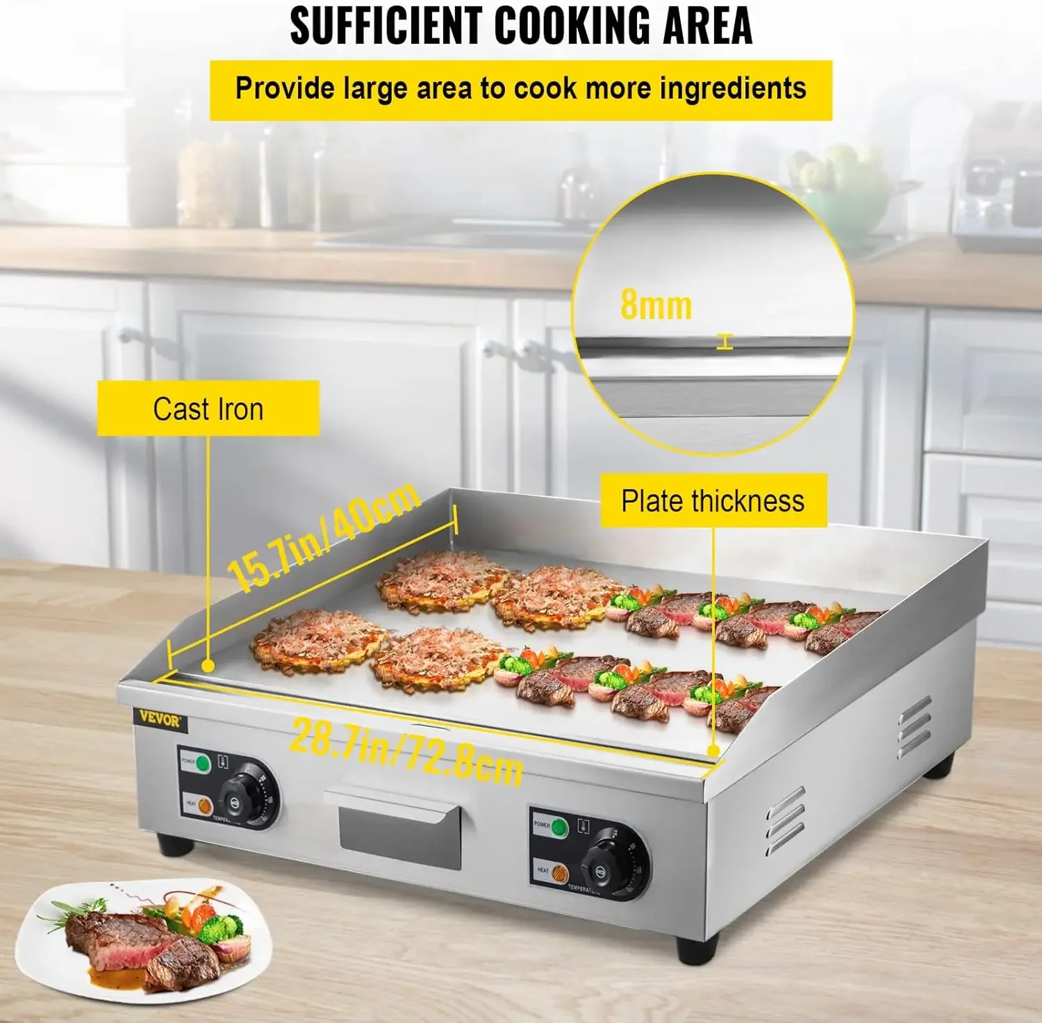 Electric Griddle 3000W Electric Countertop Griddle Non-Stick Restaurant 110V Teppanyaki Flat Top Grill Stainless Steel Adjustabl