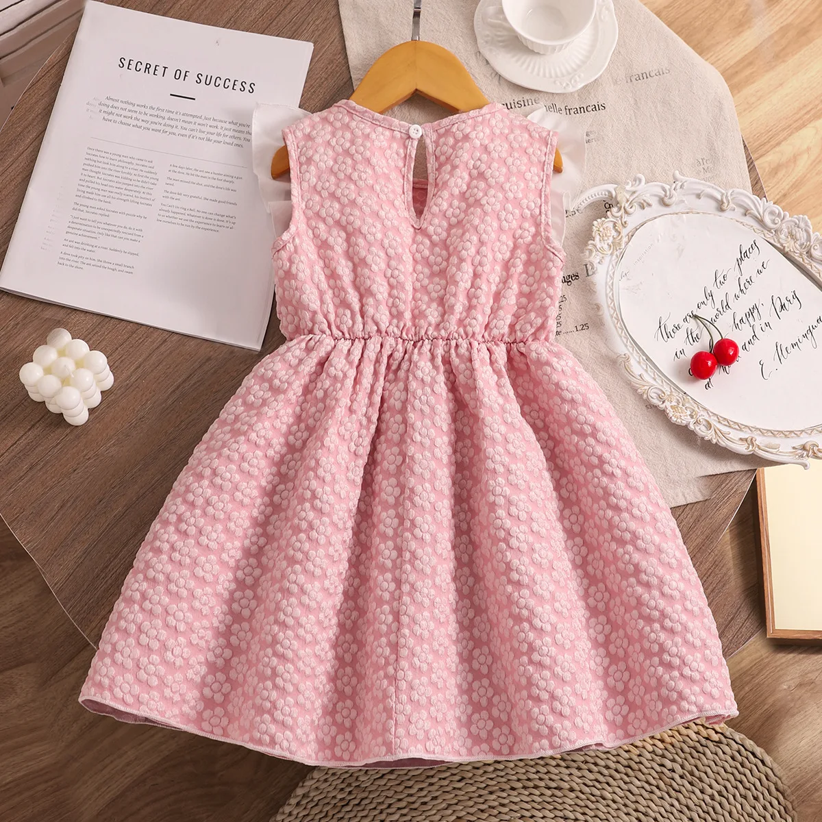 New Arrival Toddler Girl Flower Woven Textured Sundress, Frill Splice Hem With Bow Embellishment, Children Casual Dress 4
