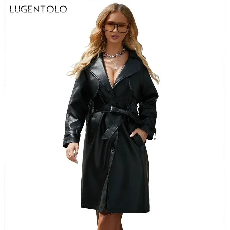 Abrigo de PU elegante a prueba de viento para mujer, cortavientos largo cálido de piel sintética suave, chaqueta ajustada con cinturón de un solo pecho Vintage