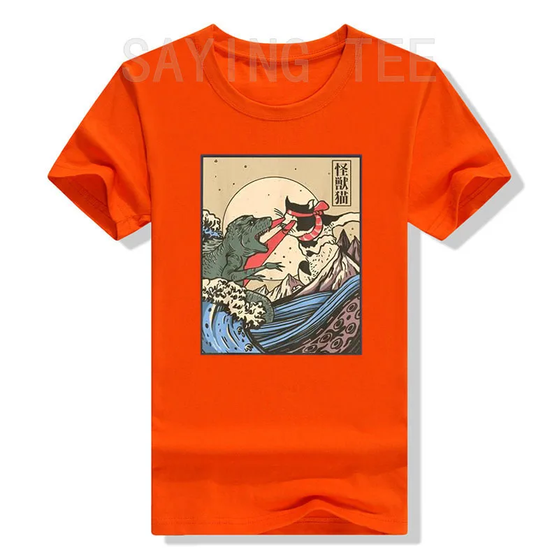 Vintage Cat Vs Monster Retro Japanese Great Wave Otaku Manga T-Shirt Humor Funny Kitty Cartoon Graphic Tee Tops Comics Outfits