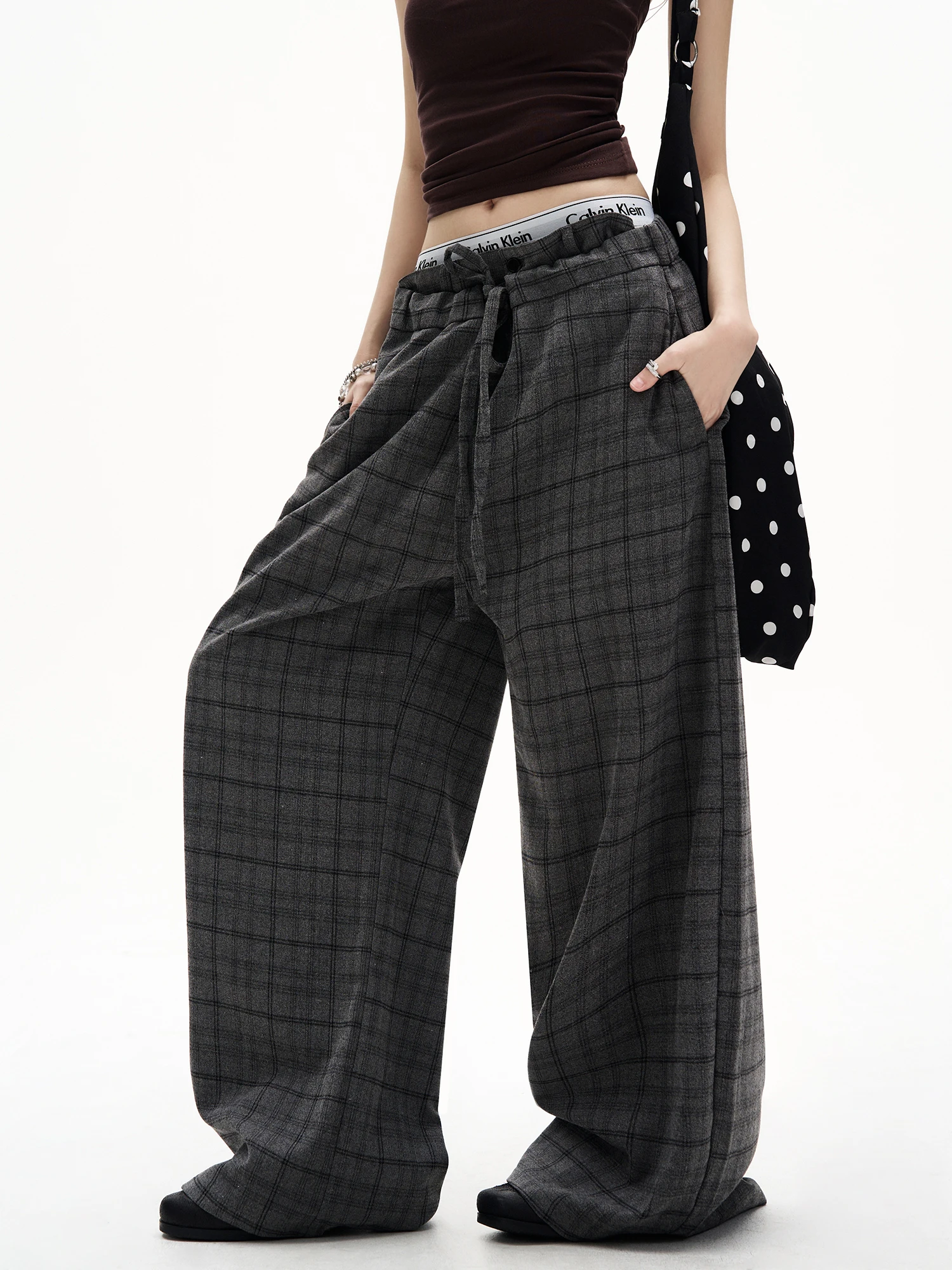 

Damon Island женские клетчатые широкие брюки с двойной талией и завязками, повседневные американские брюки, удобные брюки из мягкой ткани