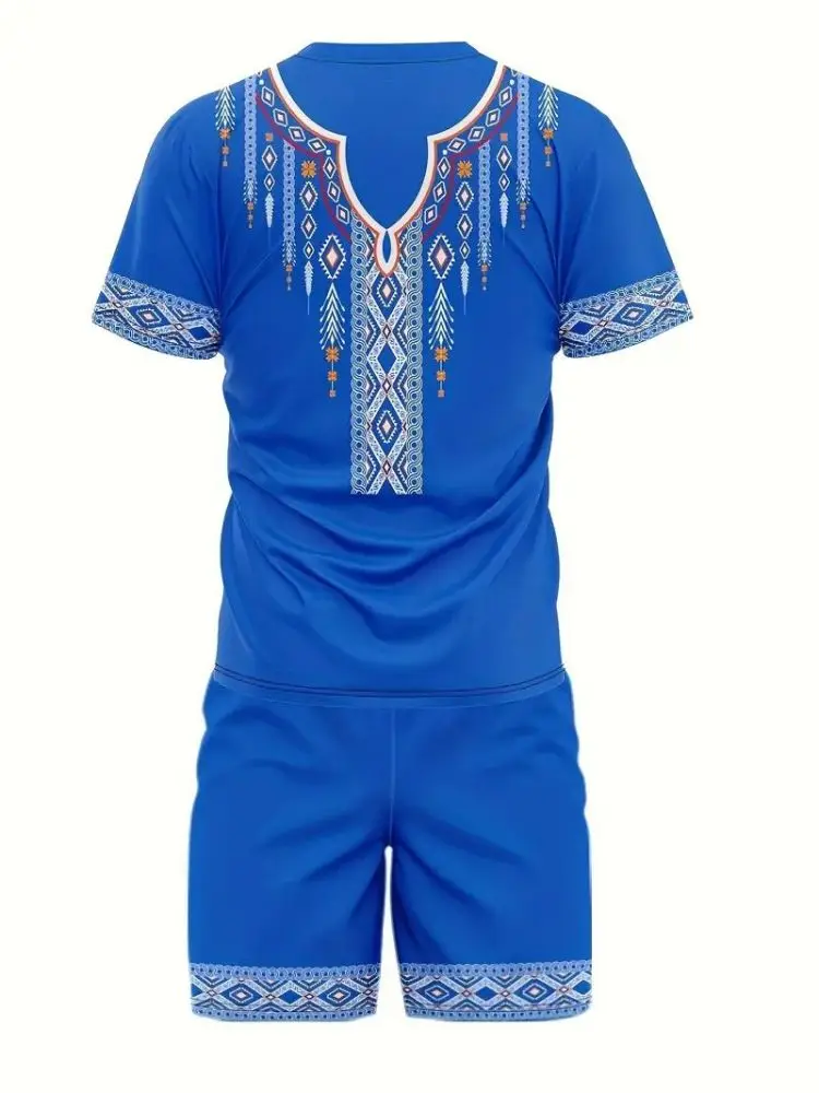 2024 Beach Men\'s Vacation Set with Ethnic Style Pattern 3D Printed T-shirt; Summer shorts set