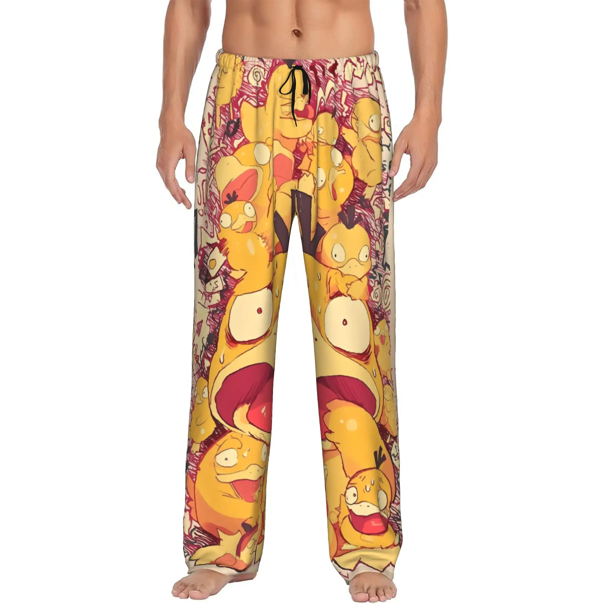 Custom P-Psyducked Cartoon Pajama Pants for Men Duck Animated Sleepwear Lounge Sleep Bottoms Stretch with Pockets