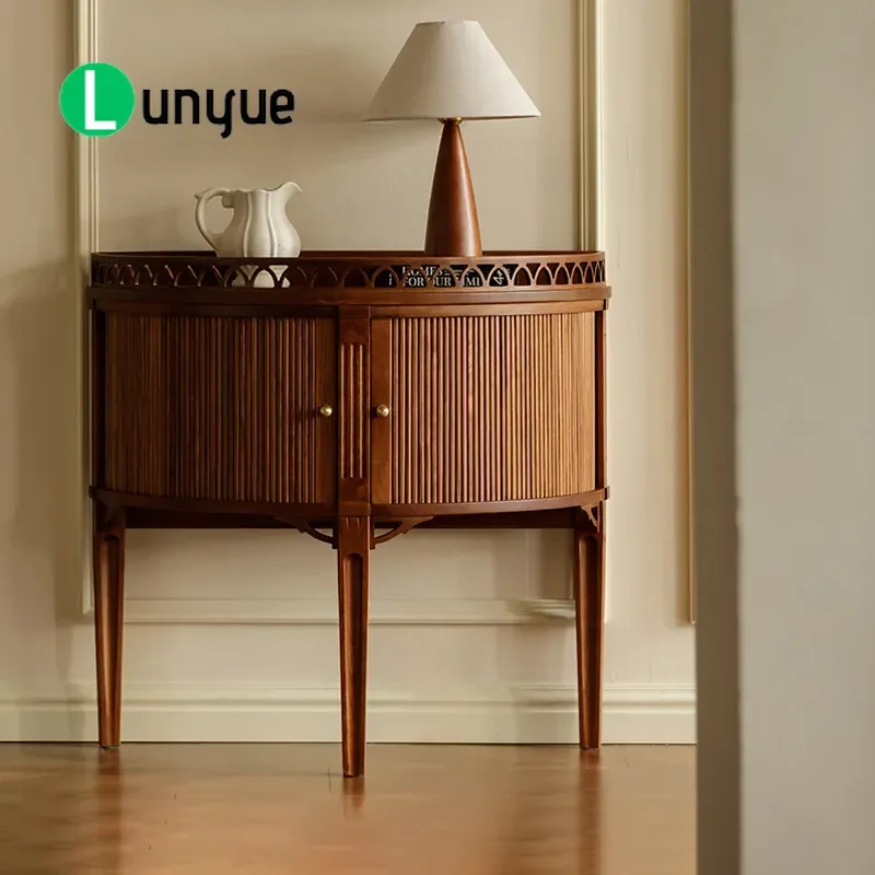 French Retro Solid Wood Semicircular Carved Storage Table Antique Style Wall Console Cabinet American Light Luxury Living