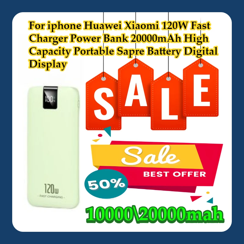 

For iphone Huawei Xiaomi 120W Fast Charger Power Bank 20000mAh High Capacity Portable Sapre Battery Digital Display
