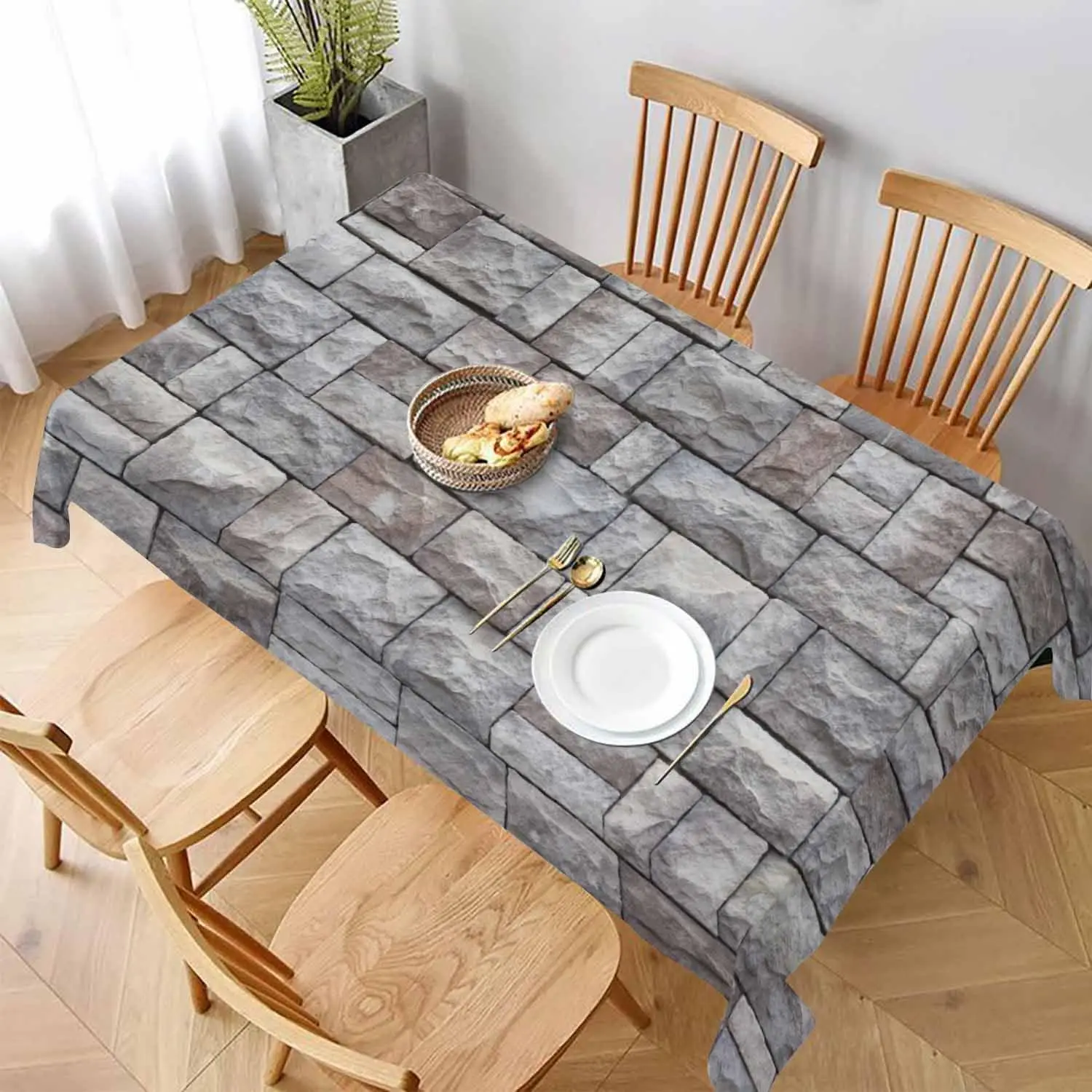 Modern Stone Wall Rectangle Tablecloth for Table Decor Grey Brick Block Fashion Rock Kitchen Dining Table Cloth Home Decorations
