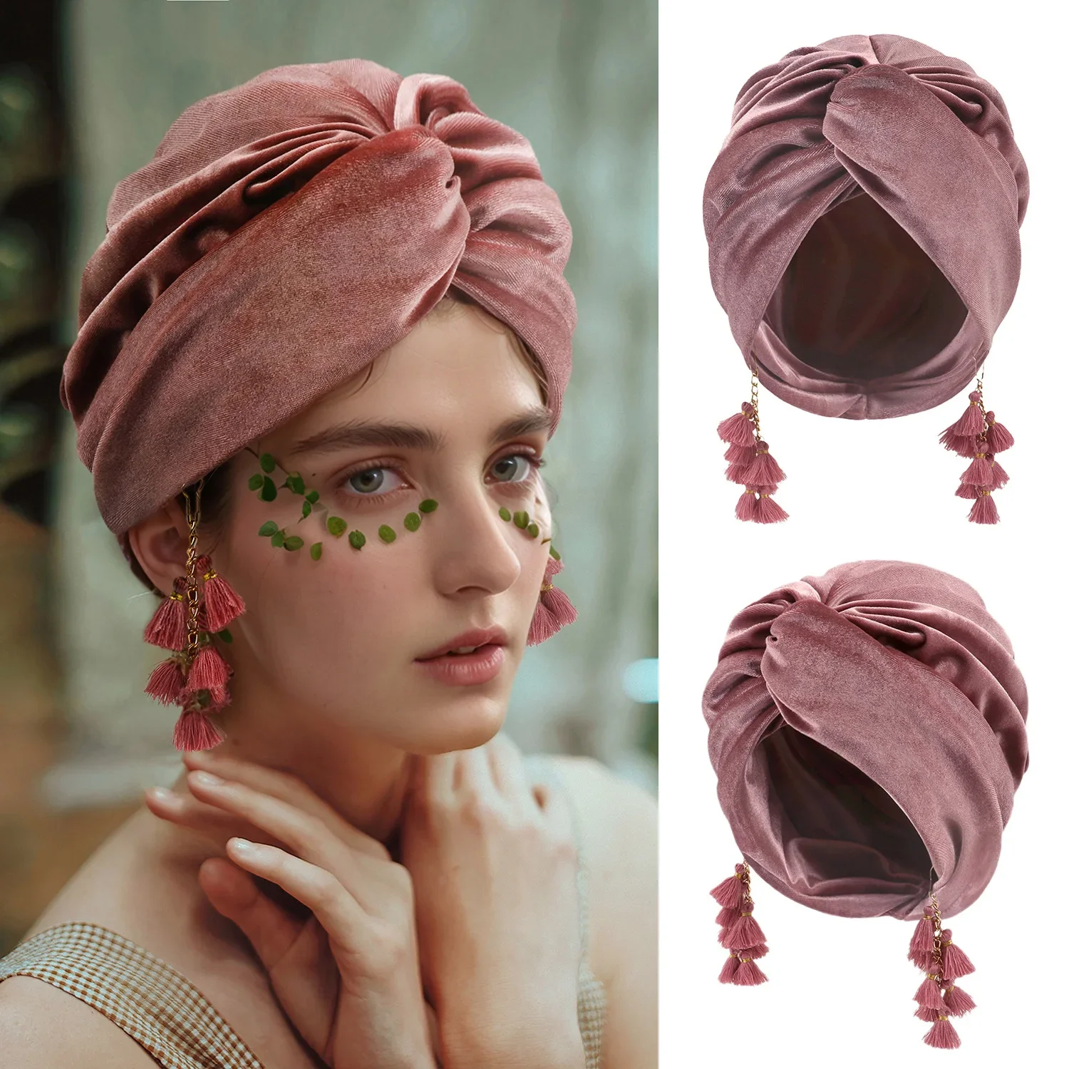 

New Muslim Women Velvet tassel Turban Hat Soft Stretch Bohemian cross pullover Bandana Headband Beanie Cap Islamic Head Wrap