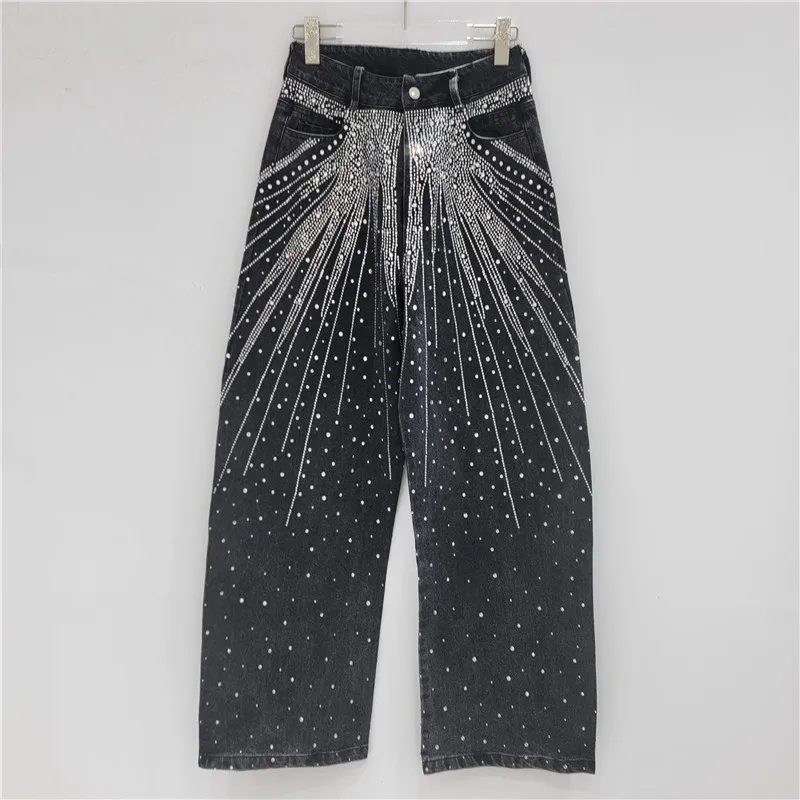 retro high street niche design sense heavy industry full diamond hot diamond hip hop loose straight wide leg jeans