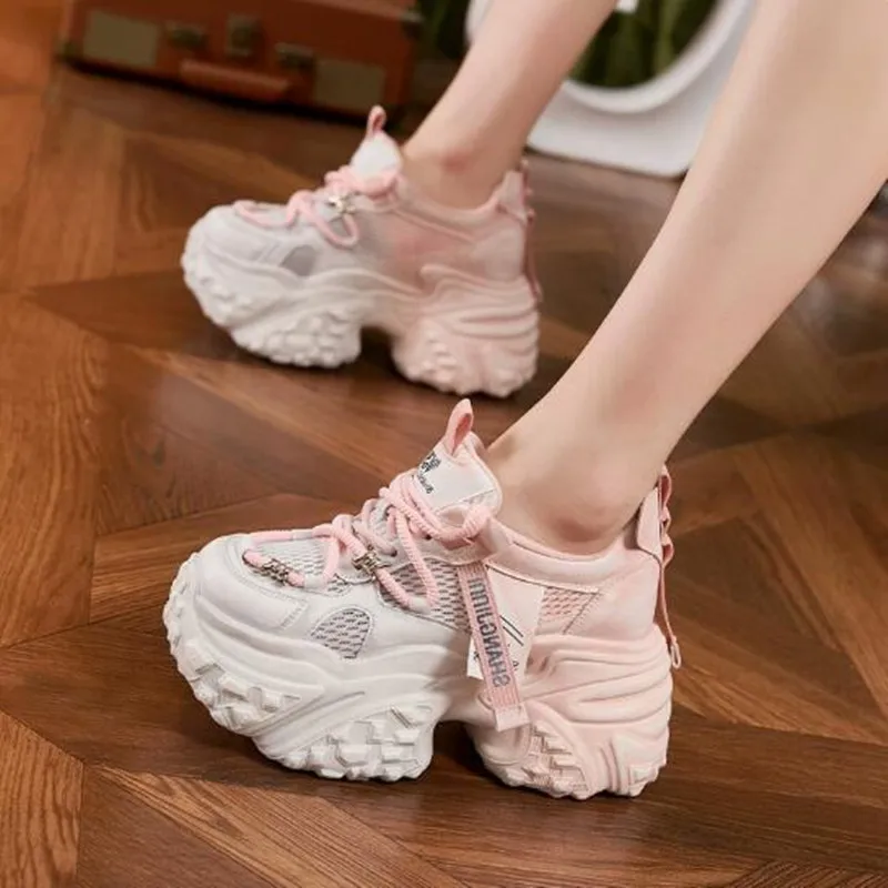 

9CM Air Mesh Microfiber Leather Chunky Sneaker Vulcanize Mixed Color Fashion Luxury Summer Autumn Ankle Boots Hollow Women Shoes